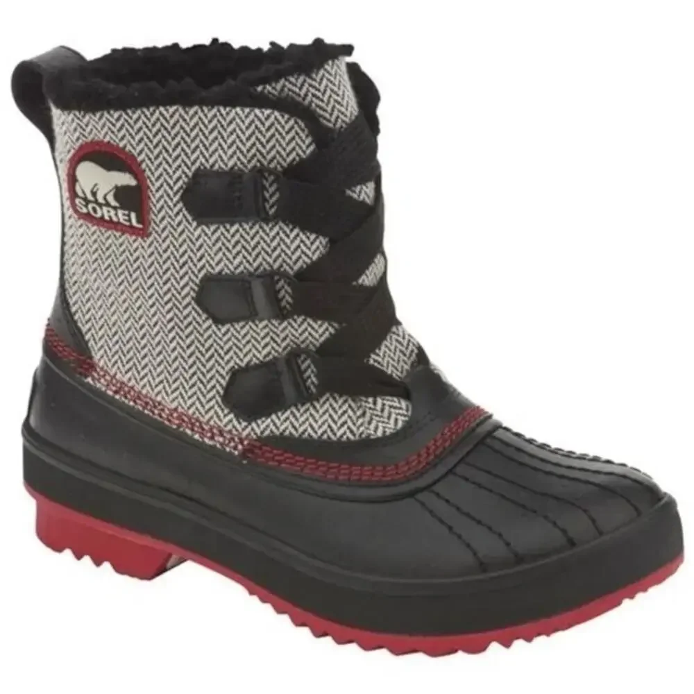 Sorel Tivoli Herringbone Tweed Winter Snow Boots Lace Up Chevron Faux Fur Red 7